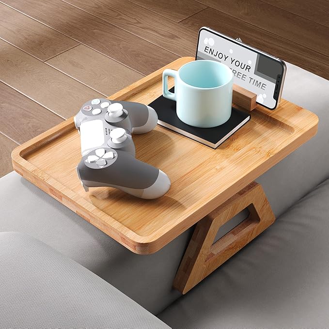 Couch Arm Tray with 360°Phone, Bamboo Folding Sofa Tray, Sofa Armrest Trays