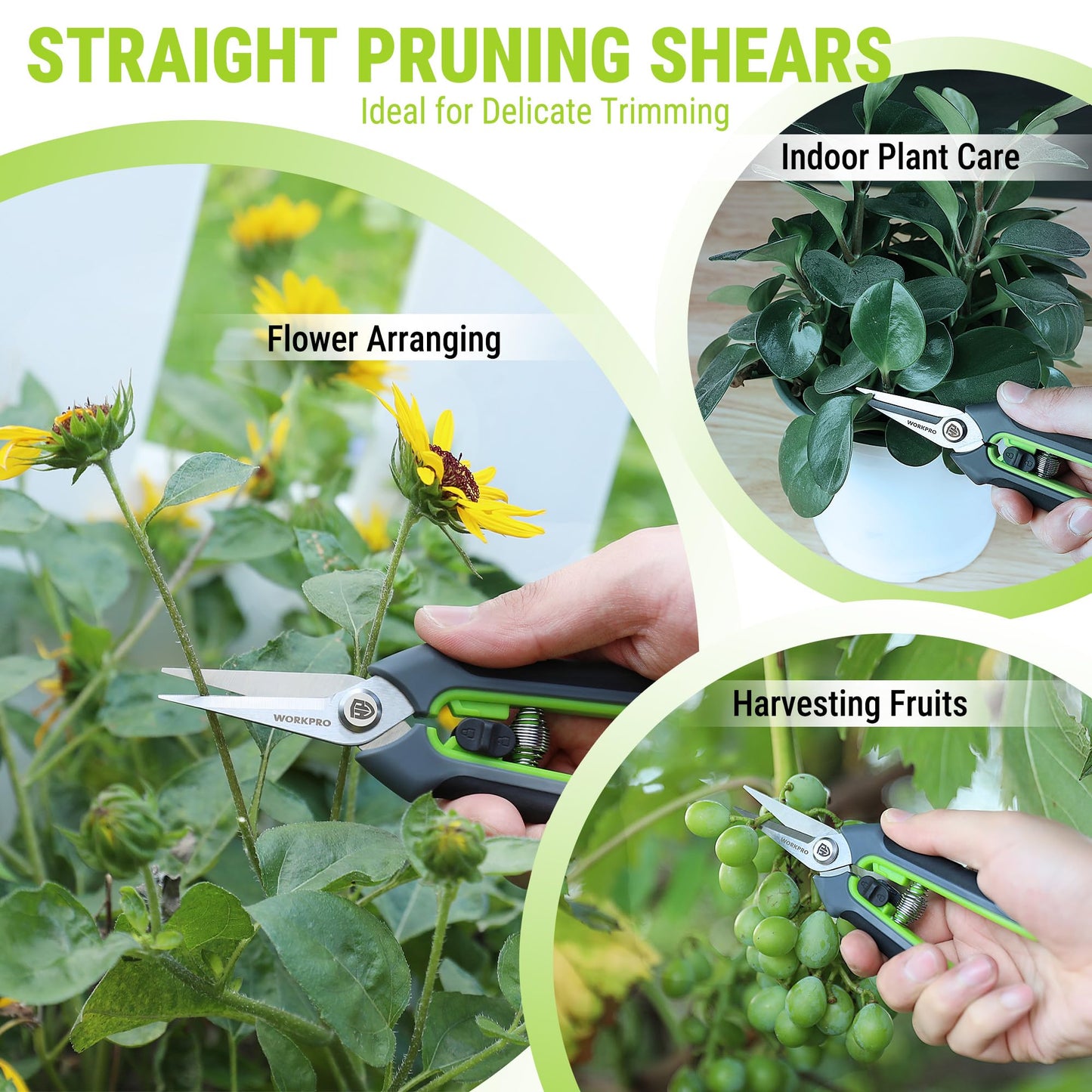 WORKPRO Garden Pruning Shears 2 Pack, 8.5" Bypass Pruning Shears and 6.25" Straight Garden Flower cissors, Garden Clippers Hand Tools for Cutting Flowers, Trimming Plants, Picking Fruits