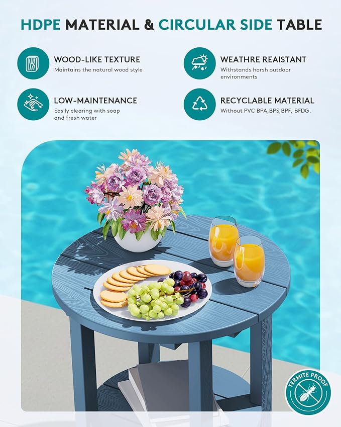 SERWALL Round Outdoor Side Table, HDPE Small Adirondack End Table, 2-Tier Patio