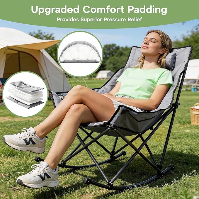 Suteck Oversized Rocking Camping Chair, Thick Padded Folding Rocking Chair