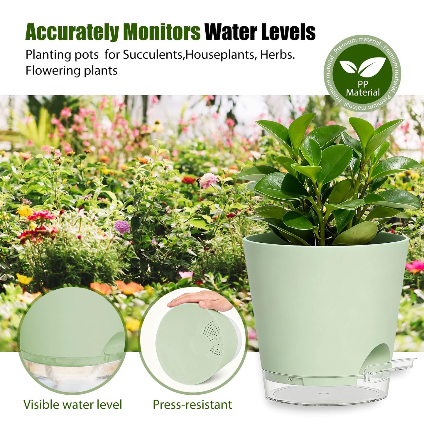 SQKH Plant Pots 4/5/5.5/6/6.5/7/8 Inch Self Watering Pots, 7 Pack Plastic Planters with Drainage Holes and Clear Saucers,Plastic Flower Pots,Nursery Planting Pot for Indoor Out Door Plants (Green)