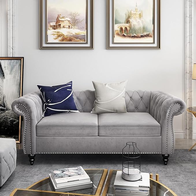 Mid-Century 2 Seater Sofa, Velvet Loveseat