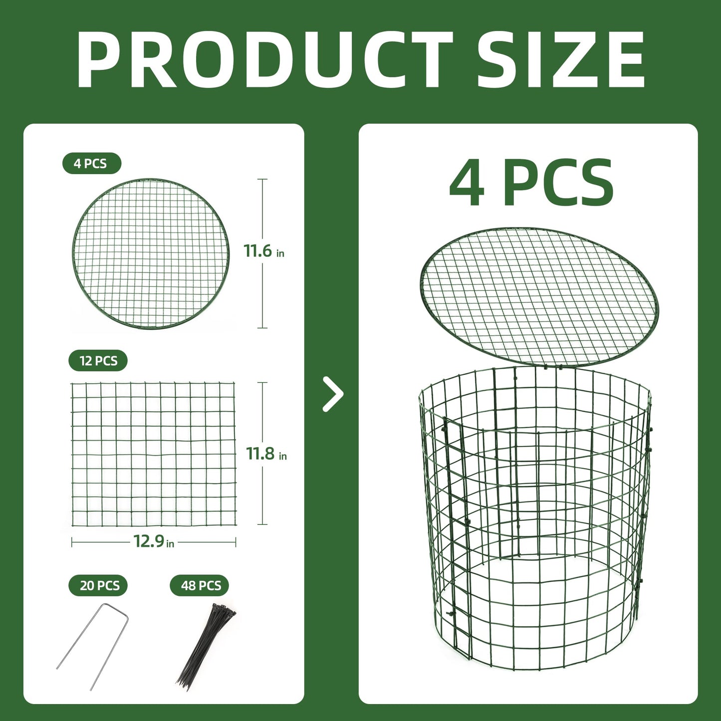 4 Sets of DIY Metal Plant Protectors from Deer, Garden Fencing Animal Barrier Size 11.8 * 12.9 inches, Mesh Plant Cage Chicken Wire Cloche for Plants with Stakes and Nylon Cables