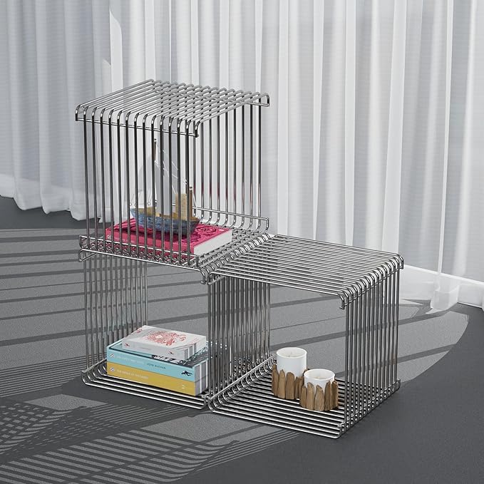 Square Geometry Retro Side Table Prime-Stainless Steel Linear Metal End Table