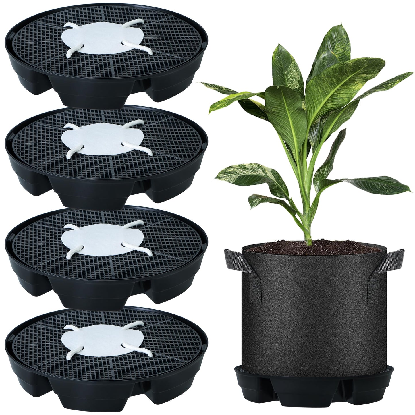 4 Pcs Self-Watering Fabric Pot Base, Auto-Irrigation System Plant Saucer for 5 Gallon Fabric Pots, Auto Watering Plant Water Tray Self Watering System for Indoor Greenhouses Grow Tents Gardens