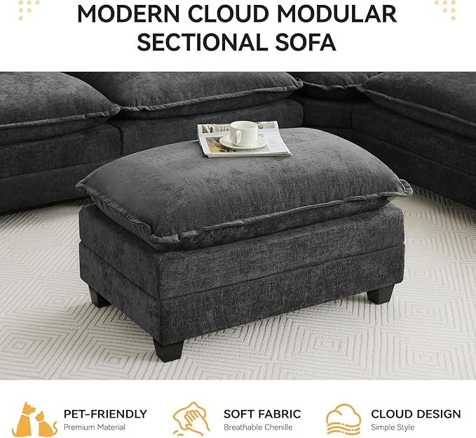 35‘’ Modern Chenille Cloud Sofa Ottoman, Rectangle Ottoman