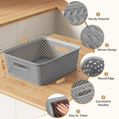 MaxGear 3 Pack Plastic Storage Baskets, Large, Grey