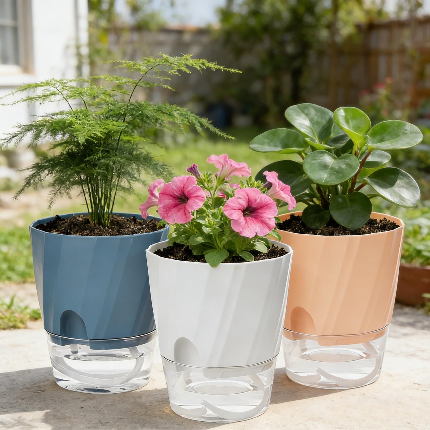 Self Watering Plant Pots 6 Inch, 3 Pack Plastic Indoor Planters with Wick Rope and Reservoir, Decorative Flower Pots for Spider Plant, Orchid, African Violet, Home Office Decor (White, Pink, Blue)