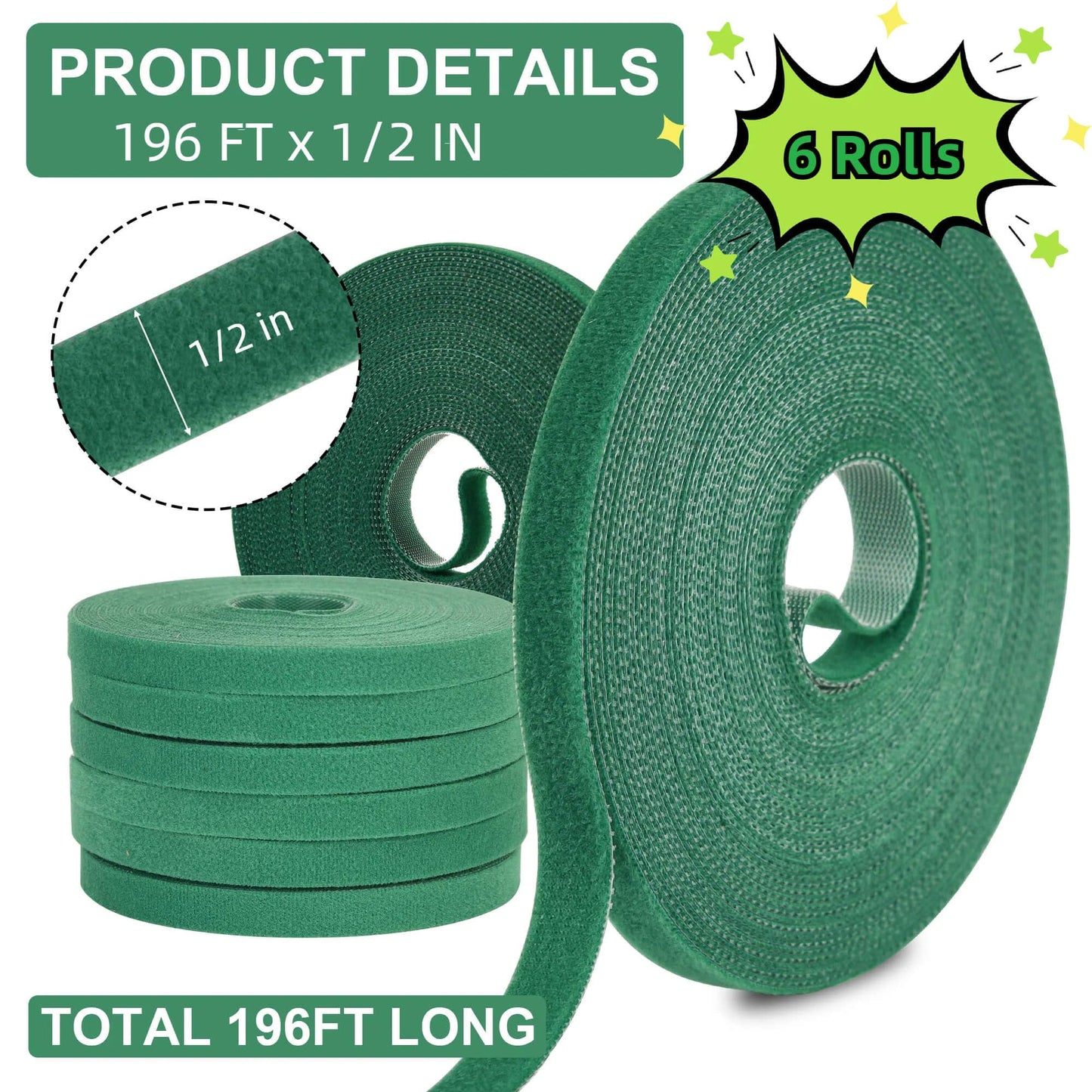 BZHYZKX Plant Tape for Climbing Plants, 6 Rolls, 196 Ft x 1/2 Inch, Reusable Adjustable Green Garden Tape for Plants, Soft Plant Ties for Outdoor Indoor Plants