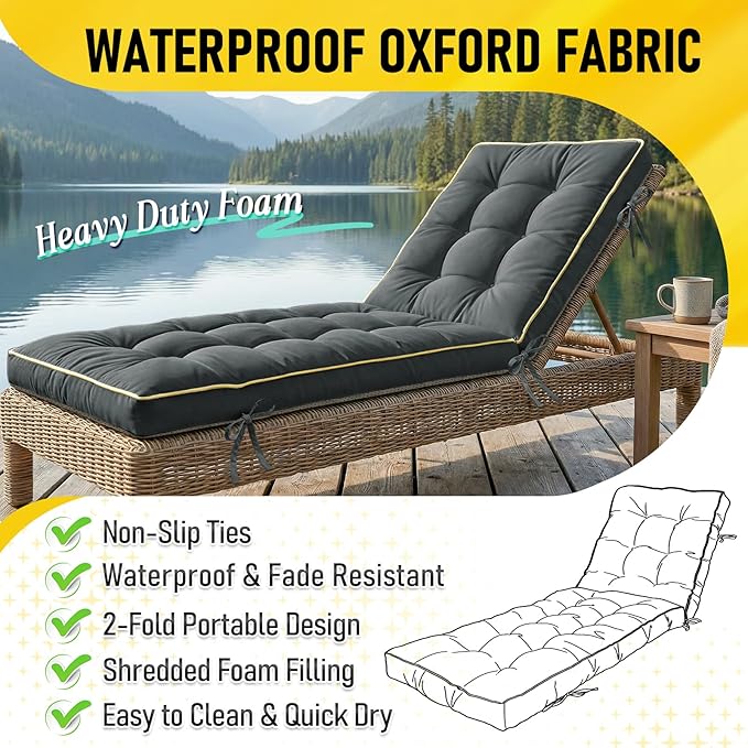 2 Pack 80x26 Inch Folding Chaise Lounge Cushion Quick Dry