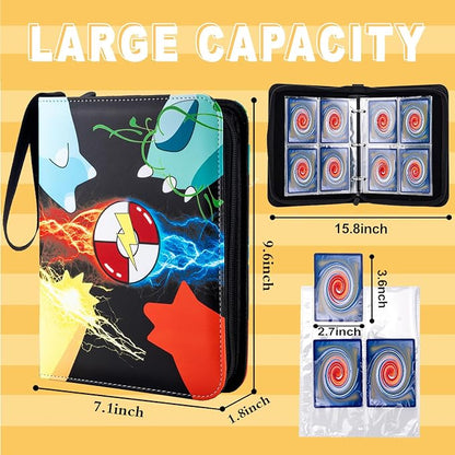 Jravkfi Card Binder 4 Pocket with 50 Removable Sleeves-Can Hold 400 Cards,3-Ring Zipper Sports Book, Ideal for All Card Collectors（Black）