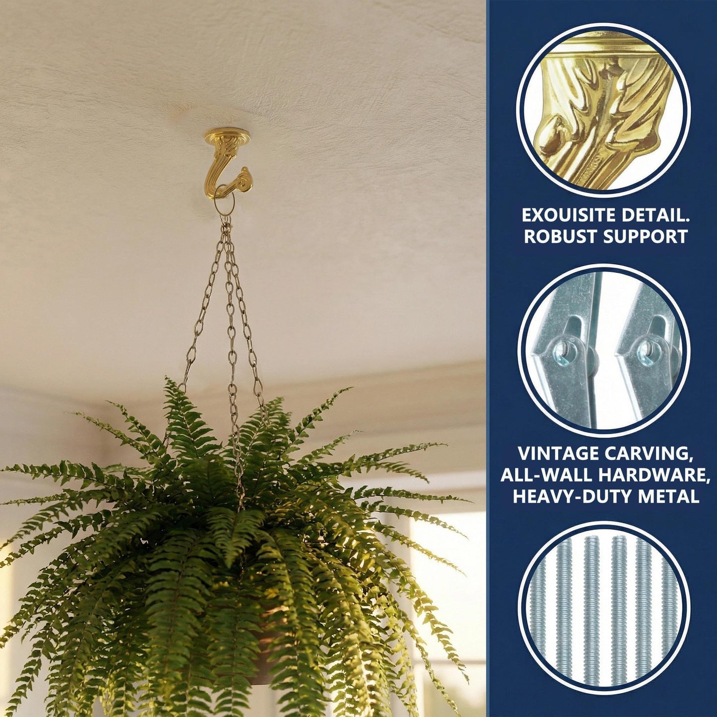 RiseDirectly 6-Pack Heavy Duty Gold Ceiling Hooks for Hanging Plants, Swag Hooks with Hardware for Chandeliers, Indoor Plant Hangers & Lightweight Decor