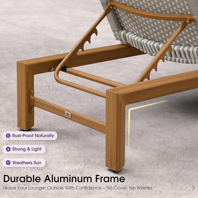 PURPLE LEAF Patio Chaise Lounge French Outdoor Lounger 1 Piece Matte Teak Grain