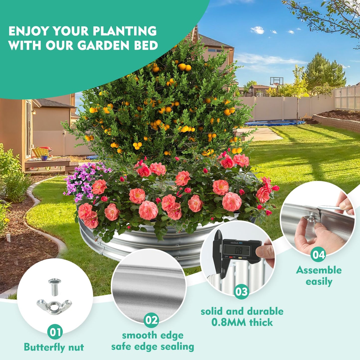 YSEJOMP 3FT Diameter Galvanized Garden Raised Bed/Plant Box/Fire Pit Ring-0.8mm Thick,12 Inch Tall,Crimped Edge and Corner,No Sharpe,Perfect for Plantings (Silver, 36 Dia X 11.5 inches)