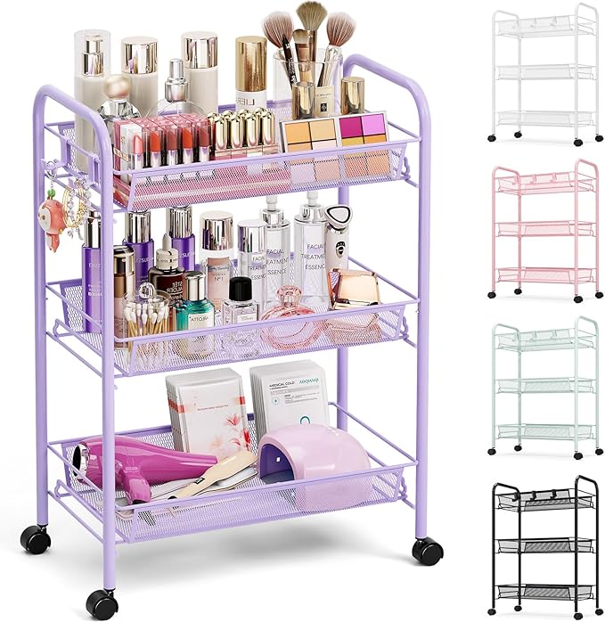 TOOLF 3-Tier Metal Rolling Cart, Mesh Wire Easy Assemble Utility Cart, Storage