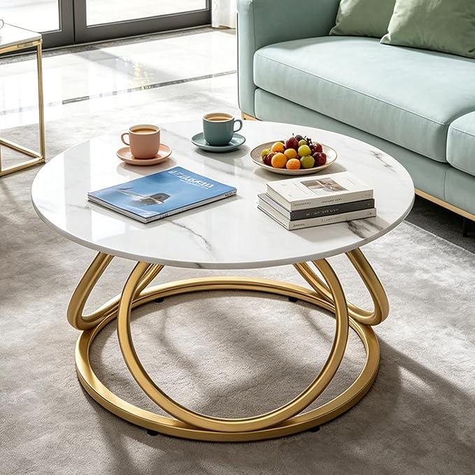 O&K FURNITURE Gold Round Coffee Table, Faux Marble Top