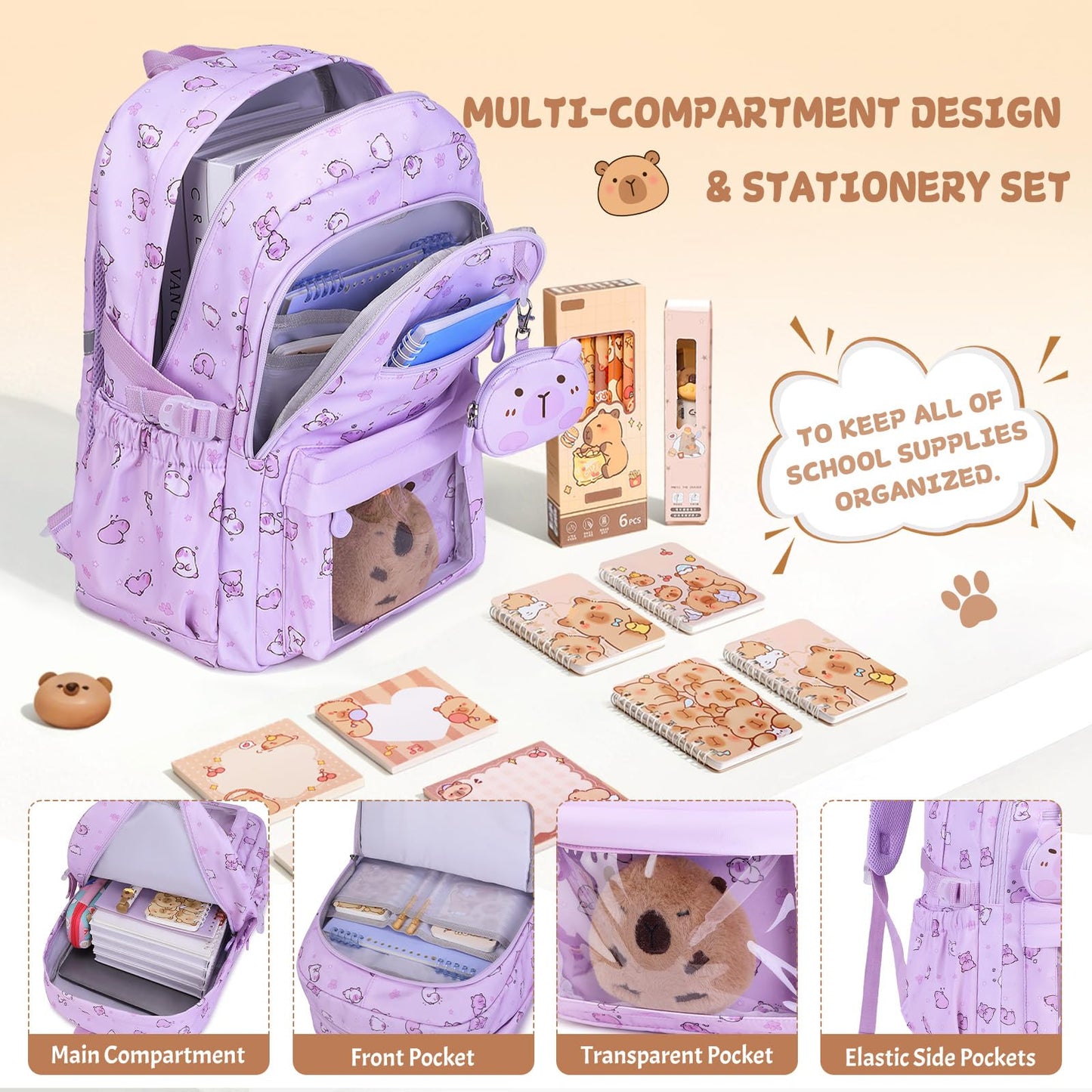 Similove Capybara Theme Backpack for School Girls, 35PCS Kids Backpack Set with School Supplies Stationery Kit Lunch Box Pencil Case, Cute Girls Bookbag for Kindergarten Elementary Student