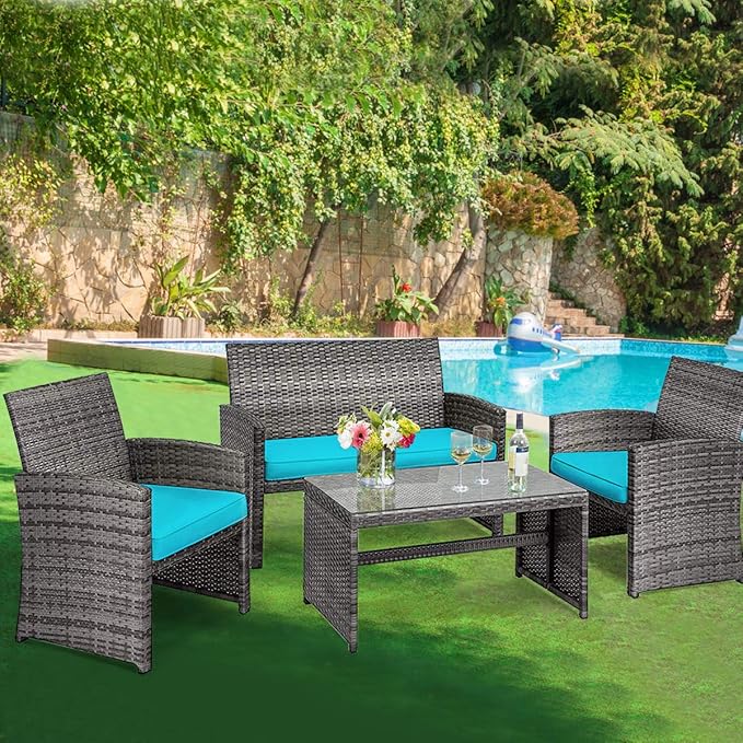 Tangkula 4 PCS Wicker Patio Conversation Set, Outdoor Rattan Sofas