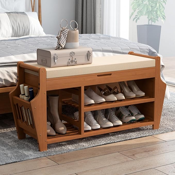 oakvivo 39.4in Shoe Bench with 2 Side Holder, 3 Tier Bamboo Entryway Bench with