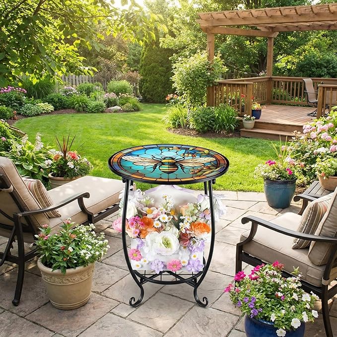 Cinnvoice Outdoor Side Table Round Small Mosaic Patio Accent Indoor End Plant