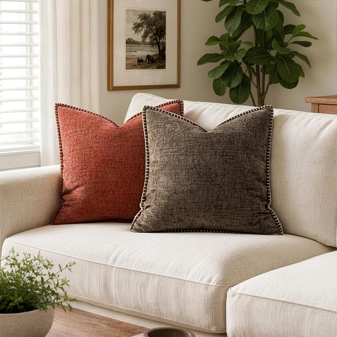 MIULEE Pack of 2 Couch Throw Pillow Covers 20x20 Inch Brown Farmhouse Decorative Pillow Covers with Stitched Edge Soft Chenille Solid Dyed Pillow Covers for Sofa Bed Living Room