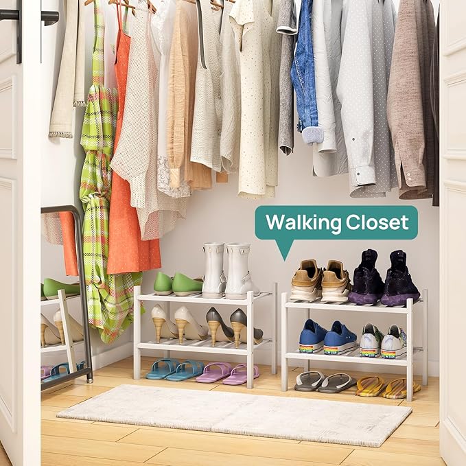 viewcare White Small Shoe Rack for Entryway, 2-Tier Bamboo Shoe Organizer for