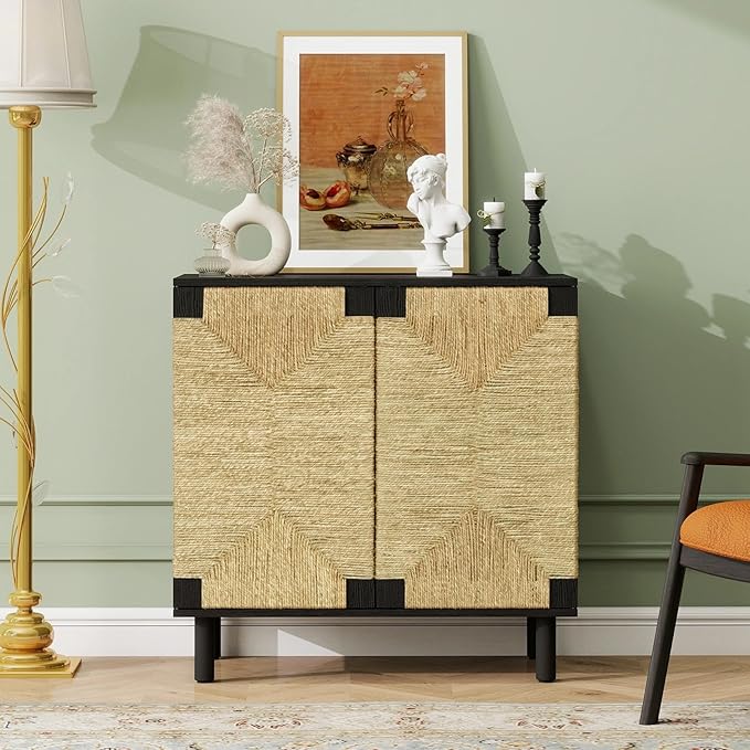 31.5" Black Accent Storage Cabinet, Modern Boho Sideboard
