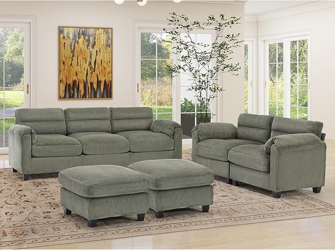 HAOMARKETS Corduroy 4-Piece Sofa Set, Upholstered Ottoman Set of 2, Loveseat