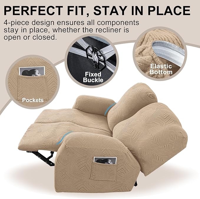 Recliner Loveseat Covers, 4-Piece Stretch Geometric Strokes Jacquard Reclining