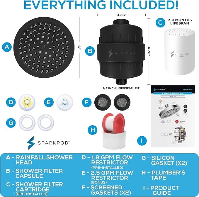 SparkPod 23-Stage Filtered Shower Head, 6" Round, Black Matte | Filtered Shower Head for Hard Water Filter, High Pressure, Reduces Chlorine, Heavy Metals, For Dry Skin & Hair