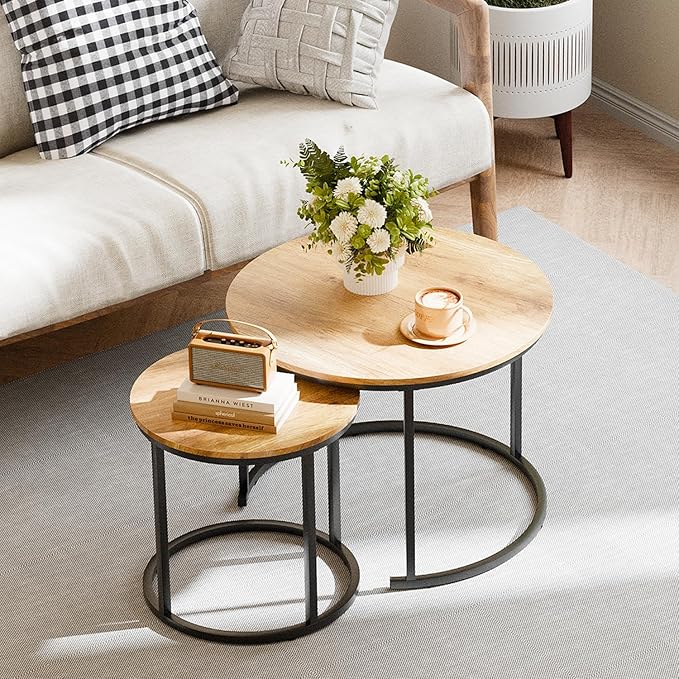 Garden 4 you Nesting Coffee Table, 23.6" Round Coffee Table Set of 2, Wooden