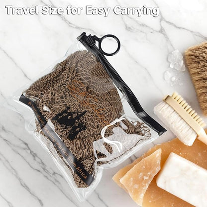SubSahara Authentic African Net Sponge - 2 Pack Exfoliating Bath & Shower Loofah Sponge for Body & Face, Gentle Scrubber for All Skin Types, Travel, Durable (Linen & Brown)