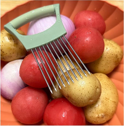 Onion Holder for Slicing | Non-Slip TPR Handle, Safe Storage Tip Cover, Multi-Purpose Food Slicer Assistant Tool