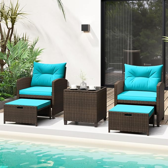 Tangkula 5 Pieces Patio Conversation Set, PE Wicker Outdoor Furniture Set
