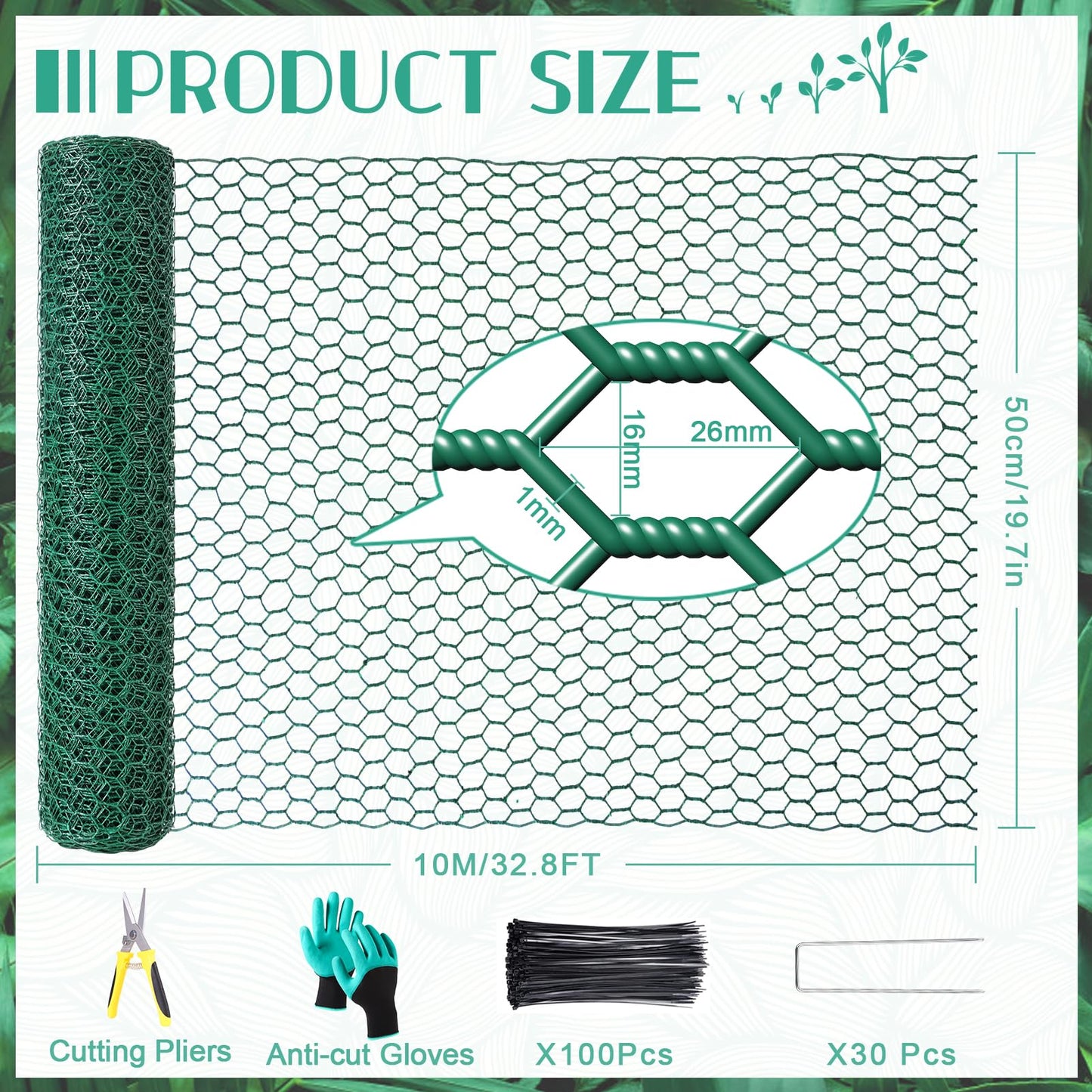 32.8ftx20In Plant Protectors from Animals,Plant Cages for Outdoor Plants,Wire Plant Protector Cage,Wire Plant Protector,Chicken Wire Cloche with Ground Stakes & Nylon Ties Protect Plants from Animals