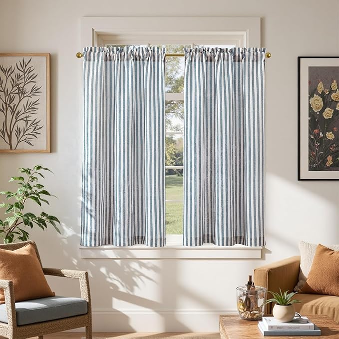 jinchan Striped Linen Kitchen Curtains 45 Inches Length Tier Curtains Farmhouse Modern Cafe Style Small Window Treatments Airy Light Filtering Rod Pocket for Living Room Bathroom 2 Panels Blue