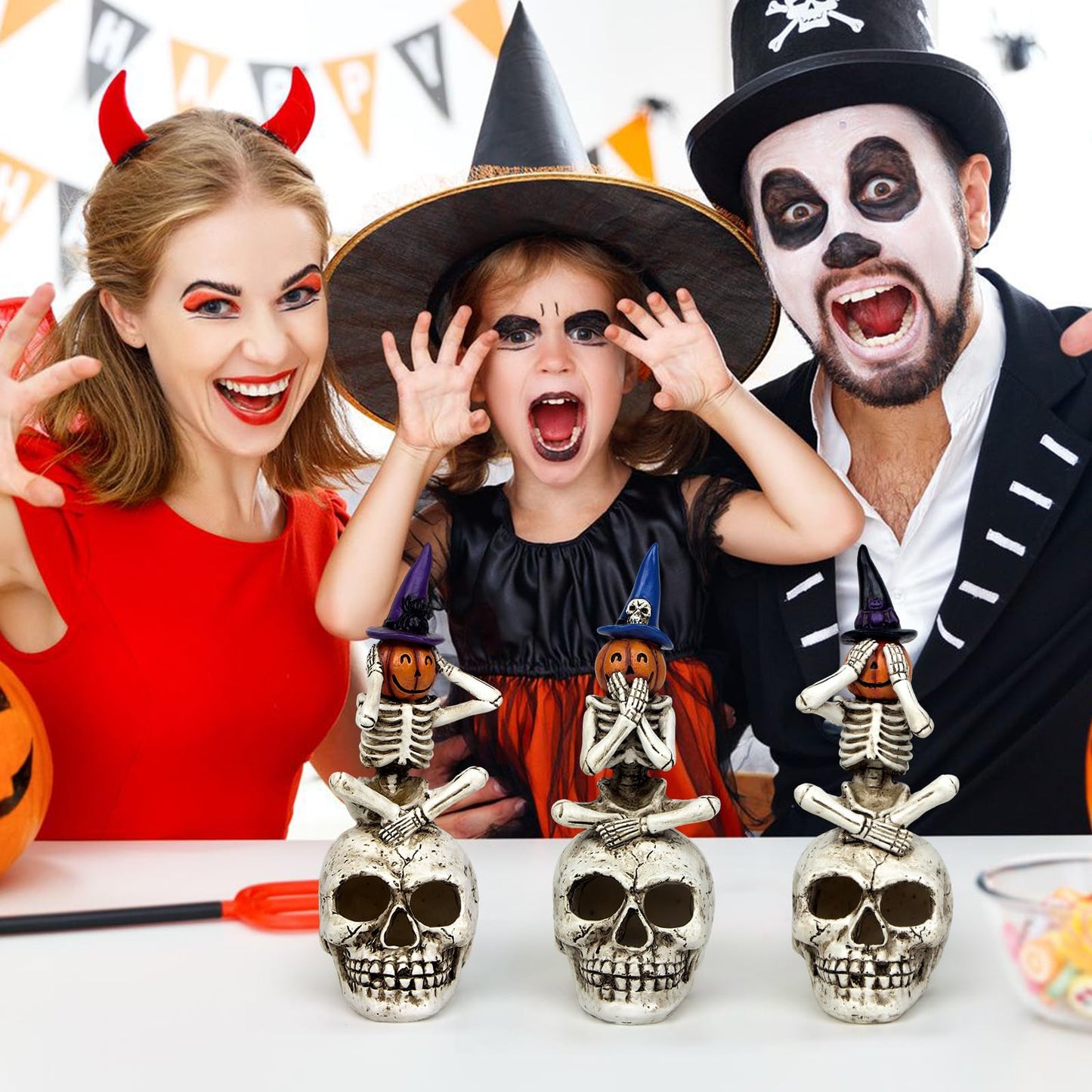 Mrlikale Halloween Skeleton Statue Set of 3, Witch Hat Pumpkin Skeleton Figurines with Skull Base Gothic Decoration for Tabletop, Home, Party