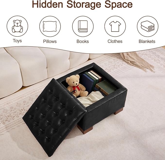 WUTUTUEE 24" Faux Leather Square Storage Ottoman