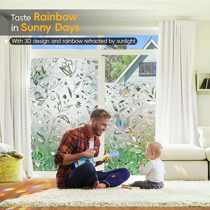 Rainbow Window Privacy Film Decorative, Stained Glass Tint for Home, 3D Decals Clings for Glass, Static Cling Sticker, Suncatcher Cover,45.2" by 78.74"