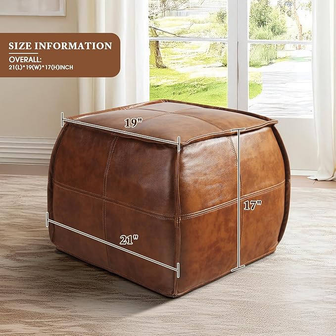 Leather Ottoman, Handmade Stuffed Square Ottoman, Genuine Leather Pouf