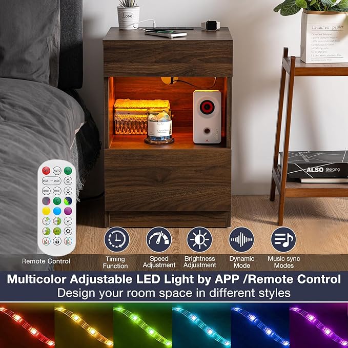 HOMMPA Open Shelf LED Nightstand