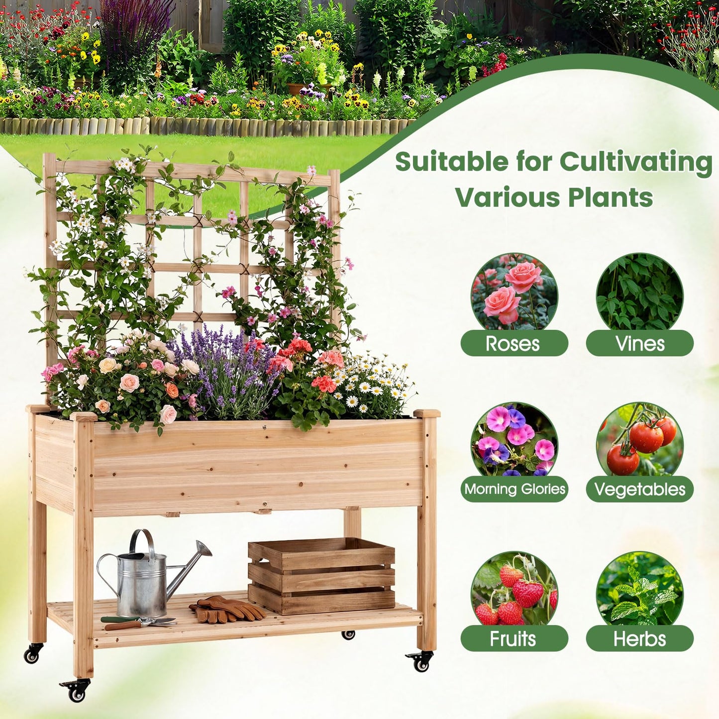 Giantex 65'' Wooden Raised Garden Bed w/Trellis on Wheels, Mobile Elevated Planter Box w/Legs, Liner & Drainage Holes for Climbing Plant Vegetable Herb Flower, Outdoor Garden Box, Backyard Balcony