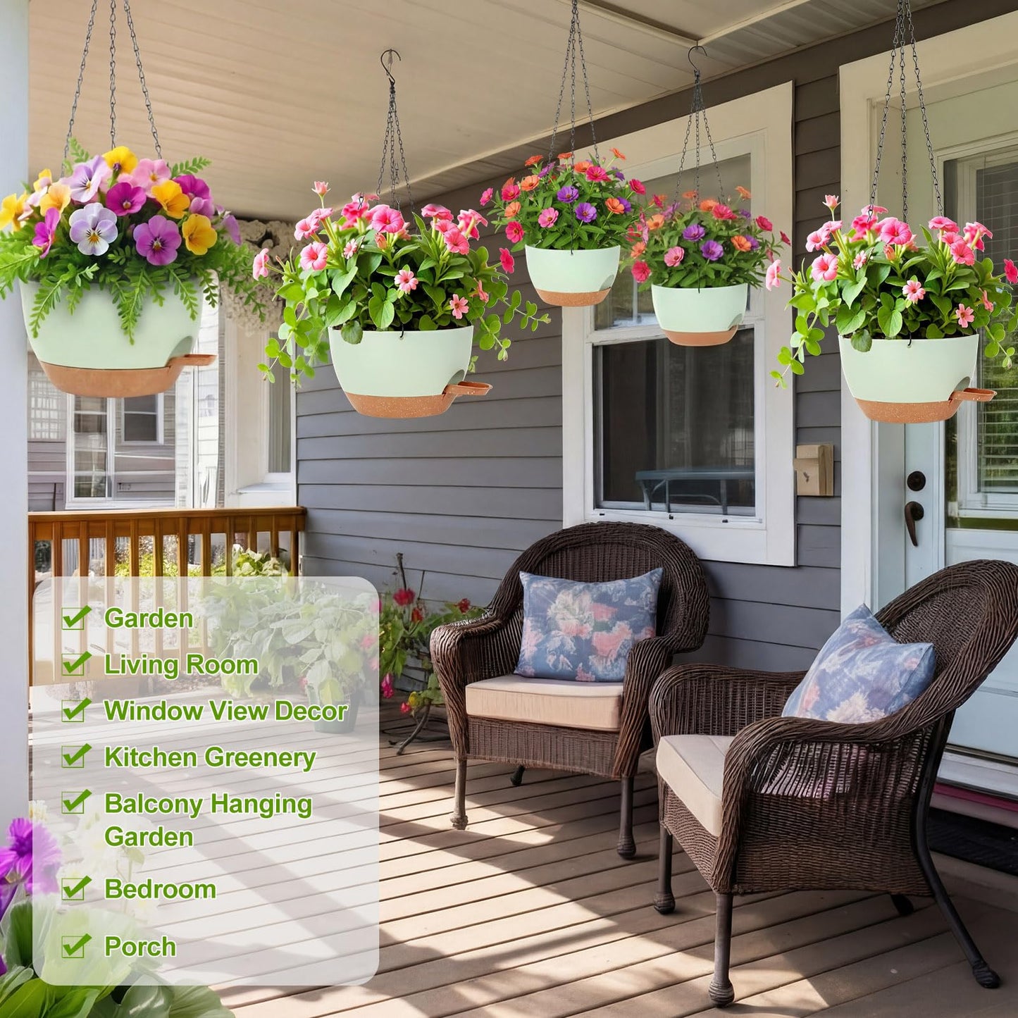 Ferrochef 6 Pack Hanging Planter Set 12/10/8 Inch Plastic Self Watering Hanging Baskets Plant Pot with Drainage Holes and Chain for for Indoor Outdoor Garden Porch Plants
