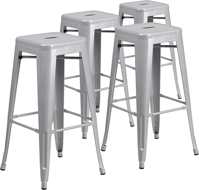 Flash Furniture Lily 4 Pack Commercial Grade 30" High Backless Silver Metal