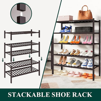 Smiry Bamboo Shoe Rack, 6 Tier Free Standing Wooden Shoe Organizer, Stackable Wood Shoe Storage Shelf for Closet, Entryway, 14 Vertical Slats, 2+2+2 Stack Heavy-Duty Legs, 26.8"x11"x39", Brown
