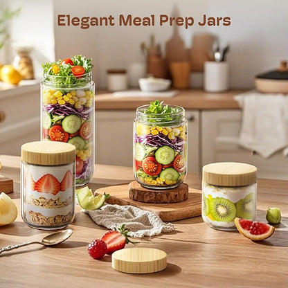 4 pack 24oz Overnight Oats Containers with Bamboo Lids, Glass Jars with Airtight Lids for Meal Prep, Wide Mouth Mason Salad Jars, Glass Food Storage Container for Yogurt Chia Snacks Spice Sugar