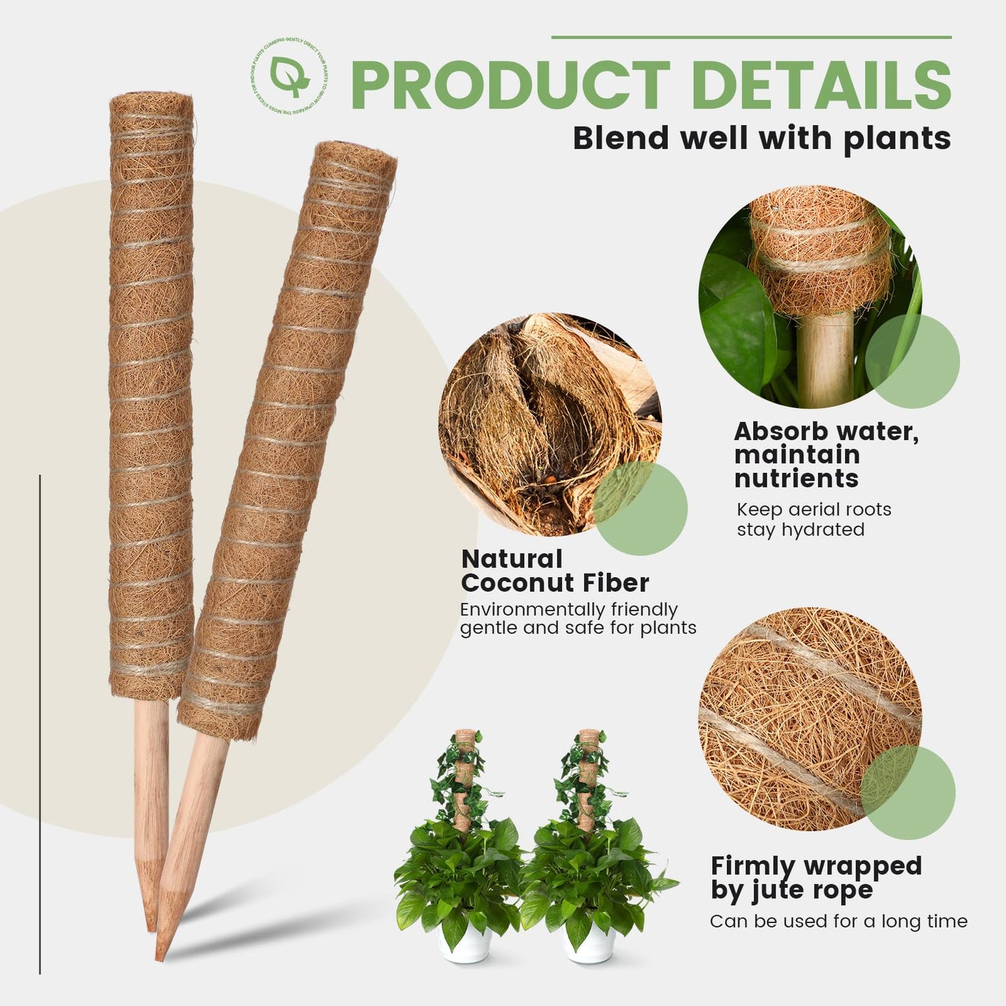 Yinder 50 Pcs Moss Pole for Plants Monstera Plant Support 16.5 Inch Coir Poles Bendable Monstera Plant Support with 10 Pcs 6.56 Feet Jute Rope and 2 Pcs 6.56 ft Garden Tape for Climbing Plants Growth