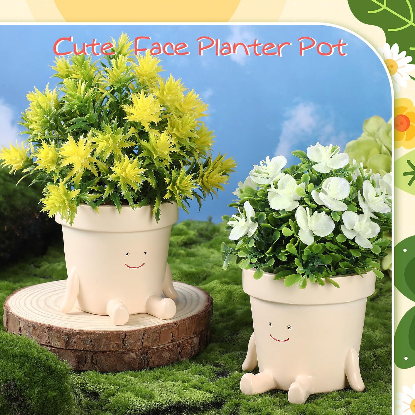 Nuogo 2 Pieces Cute Plant Pots Face Resin Succulent Flower Pot Indoor Head Planters Fun Novelty Planters with Drainage Legs Out for Christmas Plant Lover Gardening Gift Outdoor(Classic)