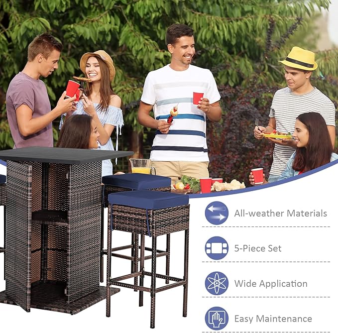 Tangkula 5 Piece Outdoor Rattan Bar Set, Patio Bar Furniture