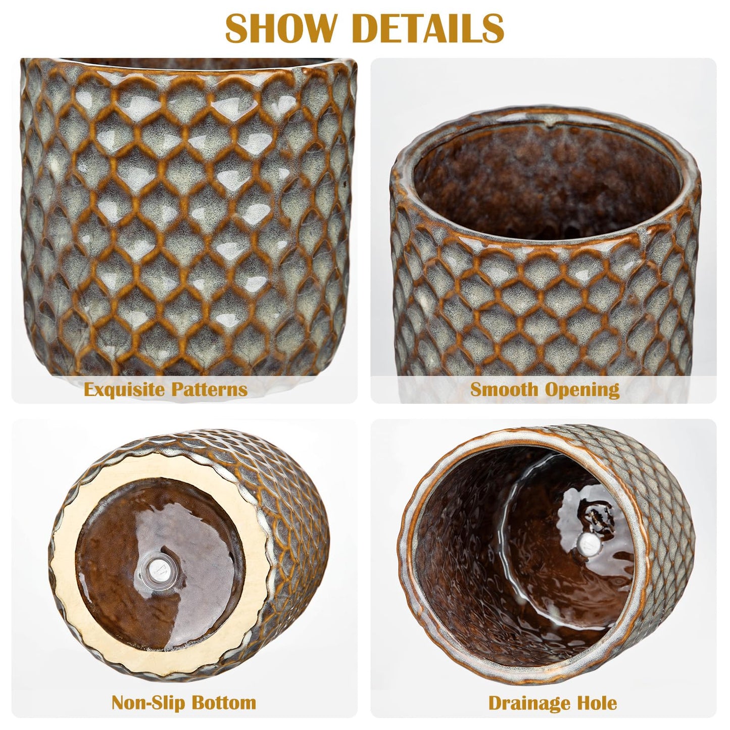 Oairse Small Ceramic Pots for Plants, 5.3 inch Brown Plant Pot Indoor with Drainage Ceramic Planters for Indoor Plants Succulent Planters Decorative Flower Pots for Cactus, Snake Plant, Herb
